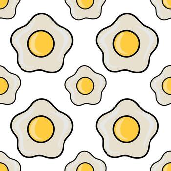 Delightful seamless pattern featuring stylized fried eggs with irregular shapes and vibrant yellow yolks, creating a cheerful and appetizing design perfect for kitchen textiles or breakfast ... vector