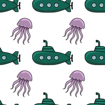 Seamless pattern featuring whimsical teal submarines and lavender jellyfish, creating a playful underwater adventure scene. vector