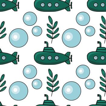 Seamless pattern featuring charming teal submarines, delicate leaves, and playful bubbles, creating a whimsical underwater scene perfect for children s textile design or playful backgrounds. vector