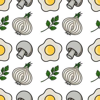 Seamless pattern featuring hand drawn illustrations of fried eggs, onions, mushrooms, and parsley sprigs, creating a vibrant and appetizing kitchen themed design. vector