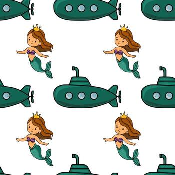 Seamless pattern featuring charming mermaids with golden crowns and teal submarines, creating a playful underwater scene ideal for children s products. vector