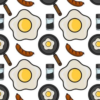 sin costura modelo presentando mano dibujado ilustraciones de frito huevos, salchichas, fritura sartenes, y un pimienta criba vibradora, creando un alegre y apetitoso desayuno temática diseño. vector