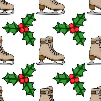 Seamless pattern featuring beige ice skates and holly berries, creating a charming winter holiday design perfect for festive backgrounds and wrapping paper. vector