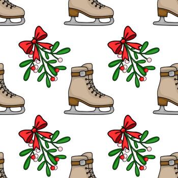Seamless pattern featuring beige ice skates and mistletoe sprigs with red bows, creating a charming winter holiday design. vector