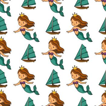 Seamless pattern featuring charming mermaids with golden crowns and teal sailboats on a white background, creating a whimsical underwater scene. vector