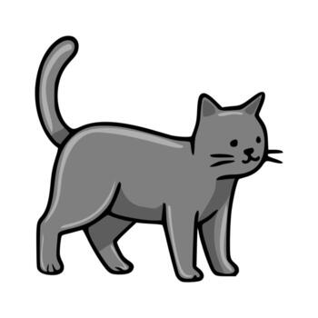 Adorable illustration of a gray cat standing in a playful pose, characterized by its simplified yet expressive features and bold outlines. vector