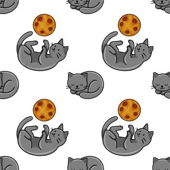 Seamless pattern featuring playful grey kittens interacting with orange speckled balls, creating a charming and repetitive design ideal for textile prints or children s products. vector