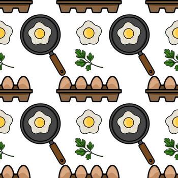 Seamless pattern featuring fried eggs in a pan, eggs in a carton, and parsley sprigs, creating a cheerful and appetizing kitchen themed design. vector