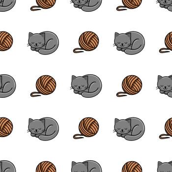 sin costura modelo presentando adorable dormido gris gatitos rizado arriba siguiente a pelotas de marrón hilo, creando un encantador y repetitivo diseño ideal para textil huellas dactilares o mascota temática proyectos vector