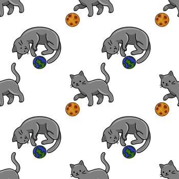 Seamless pattern featuring playful grey kittens interacting with miniature planet Earth and cookie shaped toys, creating a charming and whimsical design. vector