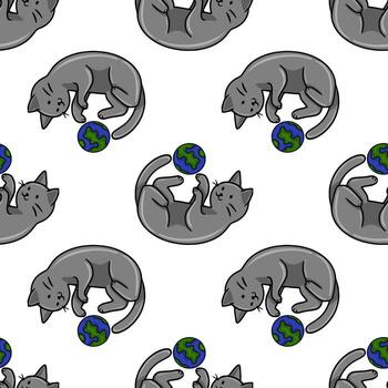 Seamless pattern featuring playful grey cats playfully interacting with miniature Earth globes, creating a charming and whimsical design ideal for various applications. vector