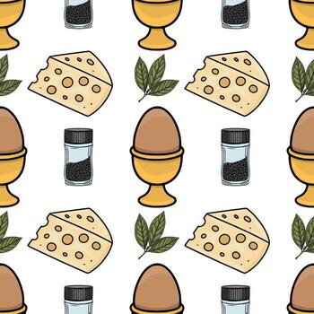 Seamless pattern featuring a boiled egg in an egg cup, cheese wedge, bay leaves, and pepper shakers, creating a charming breakfast themed design. vector
