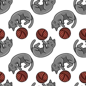 Seamless pattern featuring playful grey kittens playfully interacting with balls of red yarn, creating a charming and repetitive design ideal for textile prints or wallpapers. vector