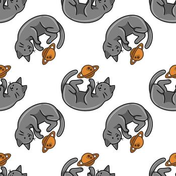 Seamless pattern featuring playful grey cats playfully interacting with stylized Saturn like planets, creating a whimsical and charming cosmic design. vector