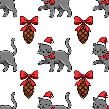 Seamless pattern featuring adorable grey cats wearing Santa hats and red scarves, playfully interacting with pine cones adorned with red bows, creating a charming Christmas design. vector
