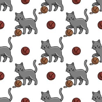 Seamless pattern featuring playful grey cats interacting with balls of yarn in brown and red hues, creating a charming and repetitive design. vector