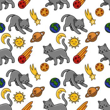 Seamless pattern featuring adorable grey cats playfully interacting with cartoon planets, stars, comets, and a smiling sun, creating a whimsical and joyful cosmic scene. vector