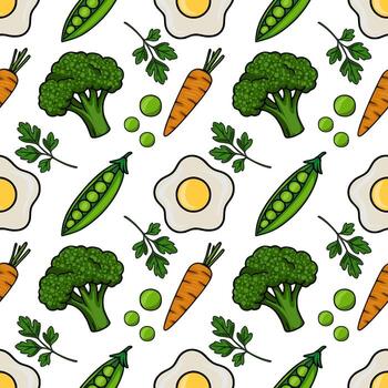 Seamless pattern featuring vibrant illustrations of broccoli, carrots, peas, parsley, and fried eggs, creating a cheerful and healthy food theme. vector