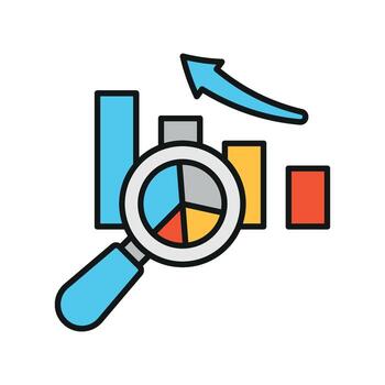 Pie chart with magnifying glass colorful icon symbolizing financial data insights. vector