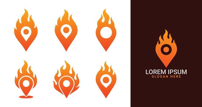 Flaming Location Pin Logo Set Fire Navigation and Map Icons vector