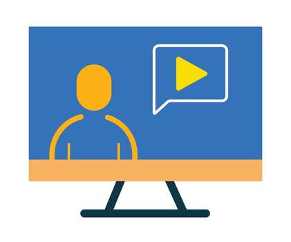Webinar and online tutorial icon. A modern flat design of a presenter on a computer screen, symbolizing e-learning, courses, and virtual presentations. vector