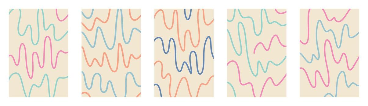 Fluid hand drawn funky abstract curly wavy lines doodle backgrounds set. Retro sketch style childish organic squiggle scribble designs in soft pastel tones on transparent backgrounds template vector