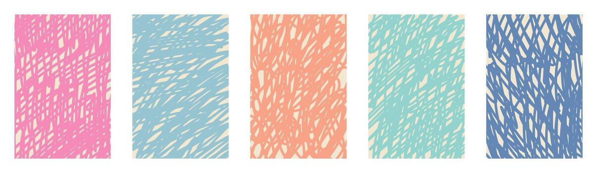 Retro pastel kids doodle pattern collection. Abstract colored scribble crayon sketch lines. Vibrant child art texture design with creative hand drawn strokes in playful funky composition vector