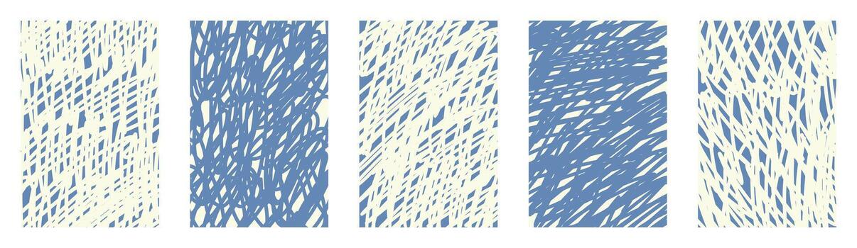 scribble doodle childish line textures collection. Abstract blue crayon scrawl backgrounds. Hand drawn wavy chaotic twisted sketch stripe shapes. Funky messy playful kids patterns set vector