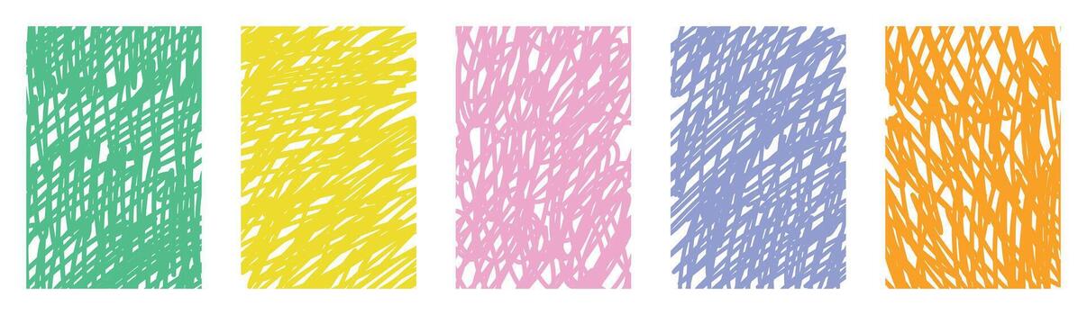 Colorful scribble doodle kids pattern set. Hand drawn crayon texture sketch style. Abstract childish chaotic colorful vibrant lines. Retro marker scratch design. Funky vibrant playful artwork vector