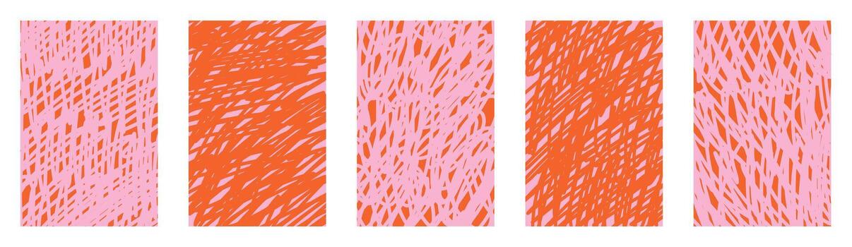 Funky doodle sketch set. Orange pink abstract scribbles with wavy crayon lines. Hand drawn messy textures for kids art. Twisted chaotic backgrounds with expressive scrawl stripe design vector