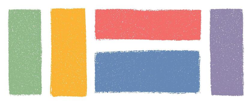 brillante vistoso lápiz de color rectángulos y cuadrícula con grunge textura. mano dibujado formas, resumen bloques, garabatear habla burbujas, incompleto marcos para texto diseño, pastel tiza marcador elementos vector