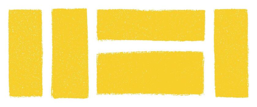 Crayon drawn yellow grunge rectangles and squares with rough pastel edges. Hand drawn text boxes, abstract sketch speech bubbles, pencil chalk shapes on transparent background design vector