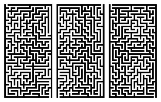 Set of three vertical maze puzzles in black white style, intricate labyrinth collection with complex path structure, logic challenge design for problem solving, mental game, puzzle concept vector