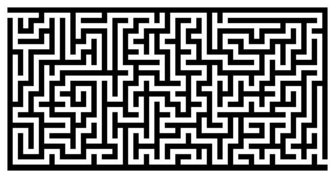Black white maze illustration with thick walls, horizontal layout, abstract puzzle background, winding path design for brain teaser, logic challenge, entrance exit route, minimal style concept vector