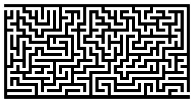 Sharp black maze design with thick lines, abstract rectangular labyrinth puzzle pattern isolated on transparent background, logic game challenge template, flat strategic problem solving concept vector