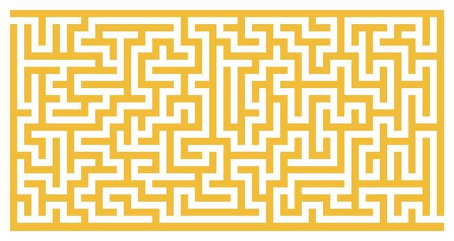 Horizontal yellow maze with thick lines and transparent background. Complex abstract puzzle labyrinth design full of twists, turns, logic paths, challenging brain teaser for game background vector