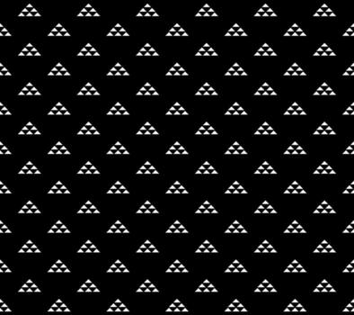 Seamless pattern with geometric triangles arranged pyramid style abstract white shapes on black background modern minimal repeating optical texture symmetric decorative digital surface design vector