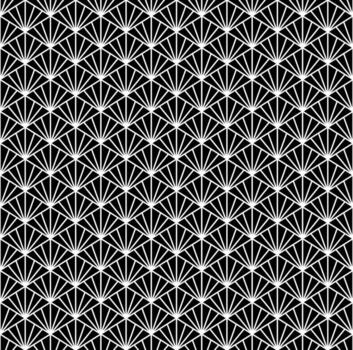 Seamless pattern with geometric fan shaped triangles, black background white lines, abstract decorative design, minimal repetitive wallpaper, modern digital fabric texture, stylish surface vector