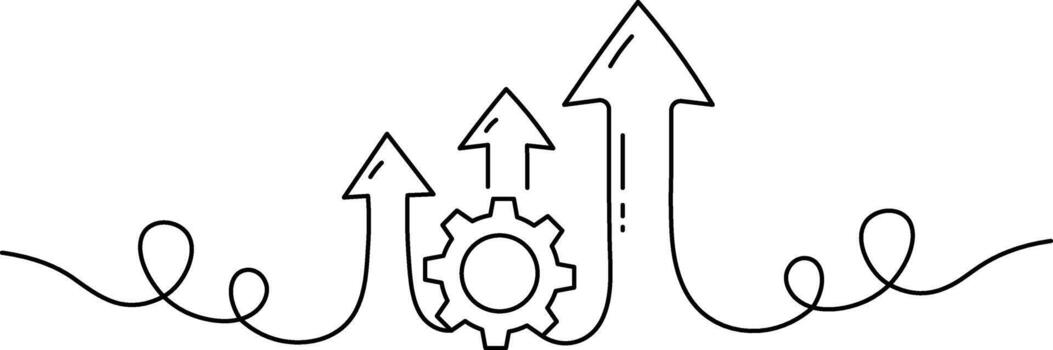 Continuous line drawing of three arrows and a gear pointing upwards growth progress vector