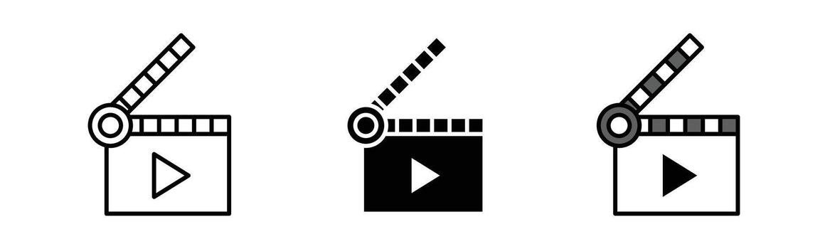 movie icon set in three styles outline, solid fill, and color filled with black stroke. Modern multimedia play symbol, simple and clean flat style, isolated on white background vector