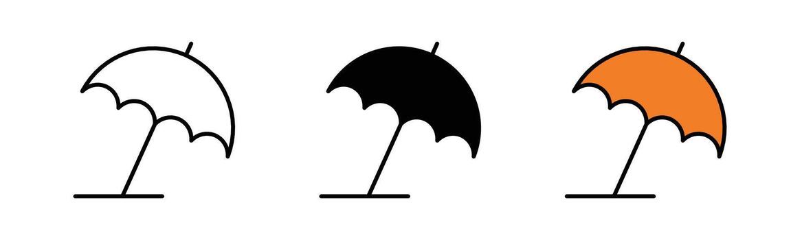 Umbrella icon in outline, solid, and color filled styles with black stroke. Open umbrella design in flat style, isolated on white background. vector