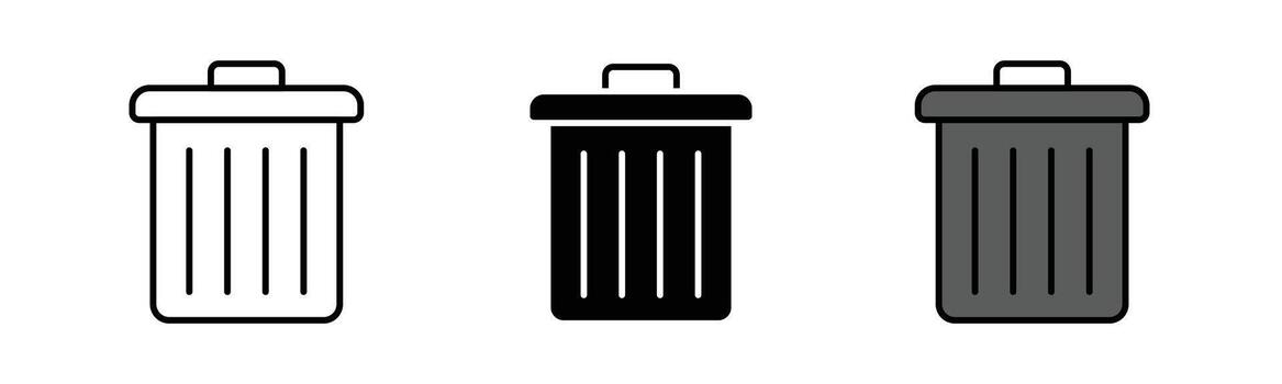 Delete icon in outline, solid, and color filled styles with black stroke. Trash bin design in flat style, isolated on white background. vector