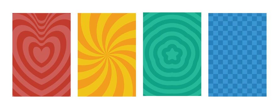 Groovy hippie 70s backgrounds set. Checkerboard, chessboard, mesh, waves, swirl, twirl pattern with heart, daisy flower. Twisted and distorted texture in trendy retro psychedelic style. vector