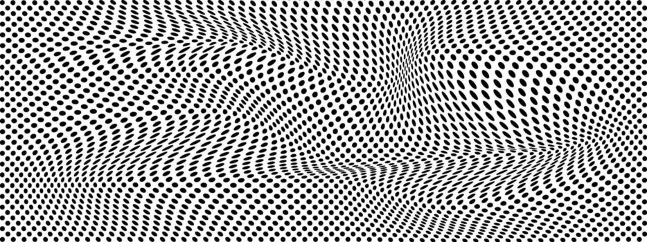 Abstract Halftone Pattern with Wavy Polka Dot Degradation and Optical Illusion Effect in Black and White Style. Background vector