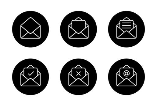 Open email envelope outline icon in black circle. Message symbol with check, cross, text, and mention sign vector