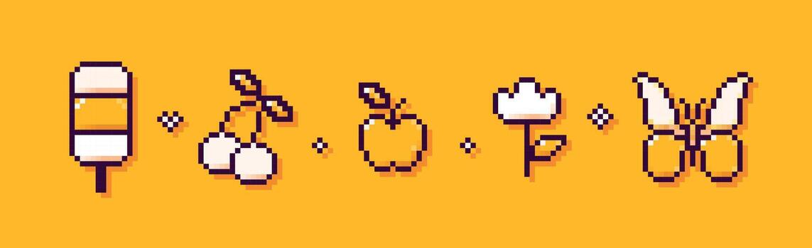 Y2K cute pixel UI elements. Butterfly, cherries, ice cream, apple and flower on yellow background. vector