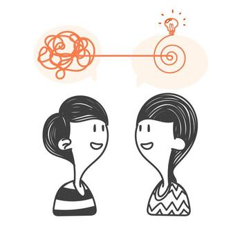 two people talking about a brain idea simplifying complex illustration vector