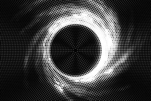 Black and white halftone abstract circle background with retro dotted texture and optical illusion style suitable for posters, prints, and modern design projects. vector