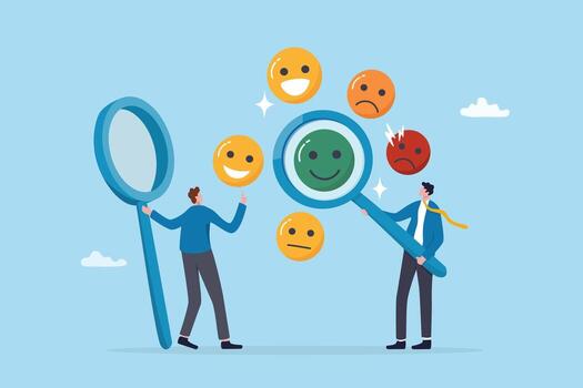 Sentiment analysis, user review, emotion feedback or employee survey result, feeling or impression on product and service, rating or perception concept, businessman analyze user feedback emotion. vector