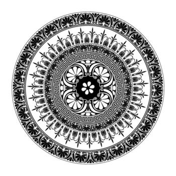 Round classic frame plate with pattern in center with Greek key, meander. Circle frame. Egyptian, Assyrian, Greek motif circular frame. Template for textiles, engraving, forging, embroidery vector